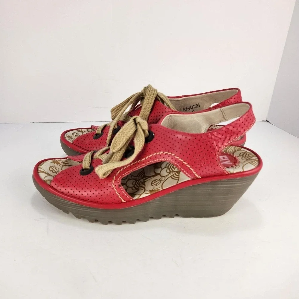FLY London YLVA Women's 41 US 10 Red Leather Perforated Lace Up Wedge Sandals